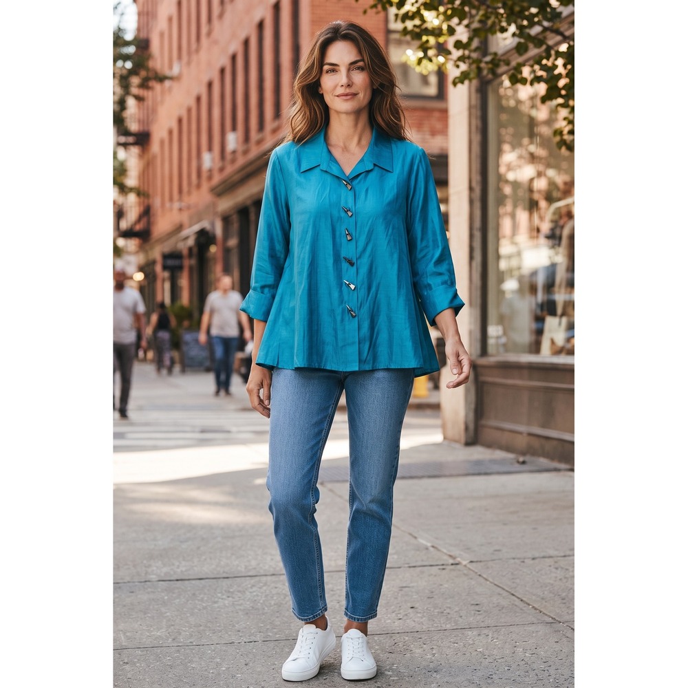 Multiples Petite XL Teal Blue Shimmer Toggle Button Back Swing Blouse Top PXL